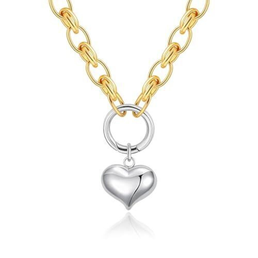 6462 Two-Tone Necklace Platinum Silver Puffy Love Heart Pendant 18K Gold